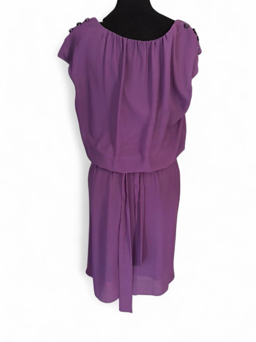 Signature by Robbie Bee Purple Chiffon Blouson Dress Size 14 Belted Career Party - Picture 4 of 6